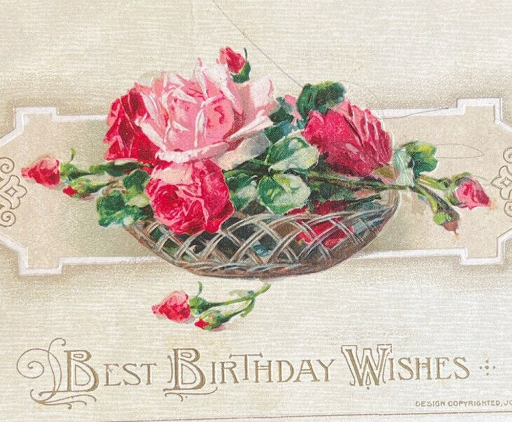 Antique 1912 Ephemera Happy Birthday Roses Embossed Posted Signed Postcard SEE